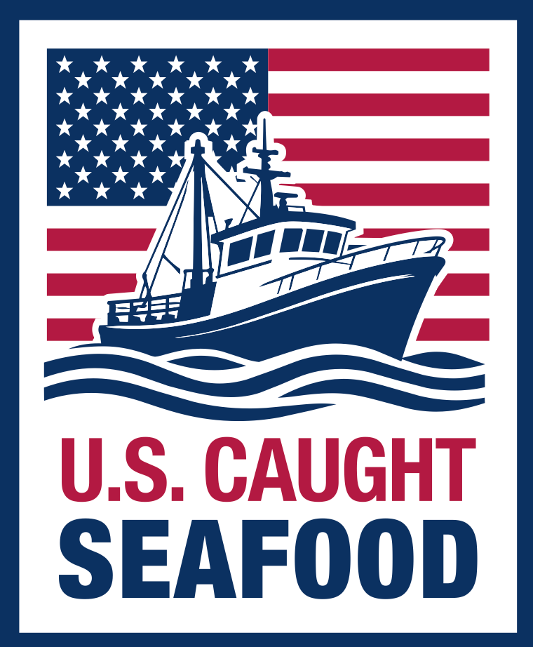 Logo featuring a fishing boat on waves, with a background of the American flag and the text 'U.S. CAUGHT SEAFOOD' underneath.
